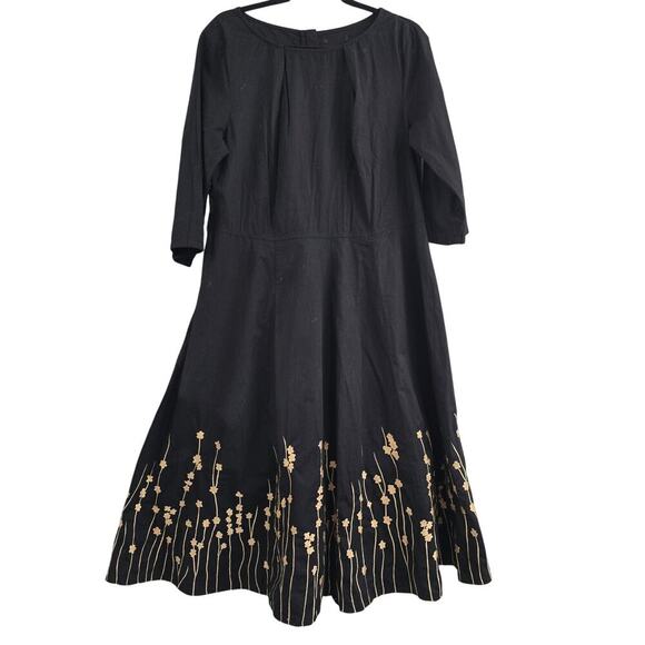 Black Gold Embroidered Midi Dress L 3/4 Sleeve Cotton Pockets Boho Elegant - Picture 1 of 11